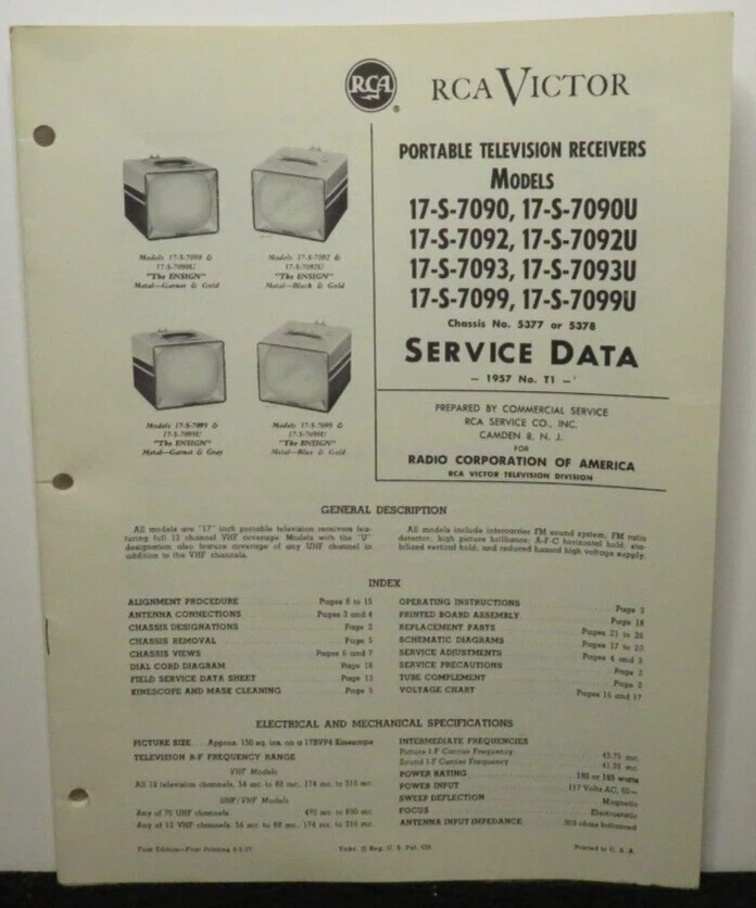 RCA VICTOR TELEVISION SERVICE DATA 1957 T1  17-S-7090 7092 5377 5378 26 PAGES - Image 1 of 1