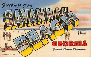 Greetings From Savannah Beach Coastal Playground Multi Views,GA 1940's Postcard - Picture 1 of 2