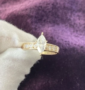14K gold ring marquise Diamonique CZ Center Stone Flanked By 6 Rounds, 7 1/2 - Picture 1 of 9
