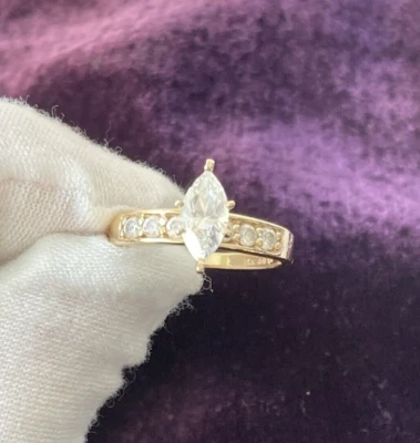 14K gold ring marquise Diamonique CZ Center Stone Flanked By 6 Rounds,  7 1/2 - Image 1 of 4