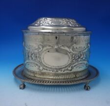English Silverplate Biscuit Box Bead Border Claw Legs Floral Motif w/Lock #3131
