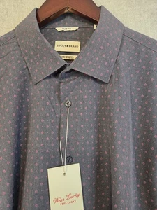 Lucky Brand Shirt 4 Way Stretch Slim Fit Men's XL Gray Chambray Geo Print NEW - Picture 1 of 16