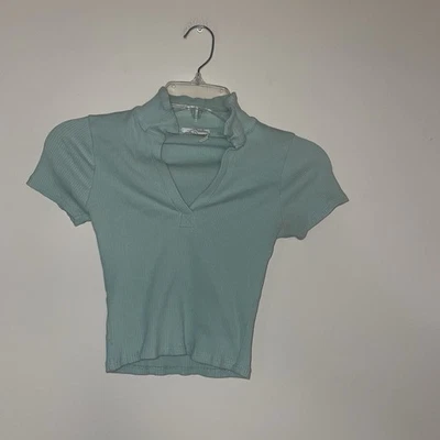 Top corto acanalado ceñido al cuerpo espuma de mar verde cuello mezcla de algodón M Preppy Foto 1 de 3