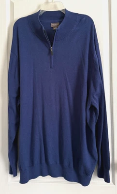 Men's Oak Hill Premium Sweater 1/4 Zip V-Neck Solid Blue Cotton Cashmere 3XL - Image 1 of 4