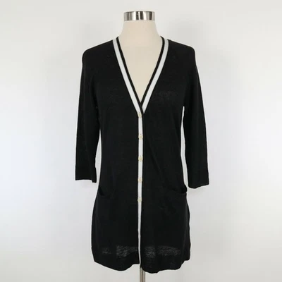 Lafayette 148 Linen Cardigan Sweater S Small Petite NEW Long Black White Trim - Image 1 of 4