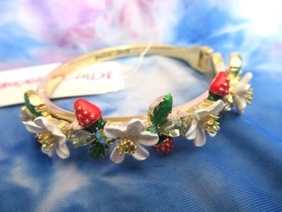 Betsey Johnson Strawberry Bracelet Strawberry White Flowers Hinged Bracelet NWT - Image 1 of 4