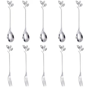 Silver Mini Spoons & Forks Set 10-Pc 4.7" Leaf Handle Coffee Appetizers - Picture 1 of 5