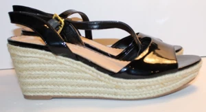 RALPH LAUREN KEARA BLACK PATENT LEATHER SANDALS ESPADRILLES WEDGE HEEL SZ 9.5 B - Picture 1 of 4