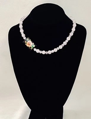 Colar artesanal preto ônix pintado flores quartzo rosa 925 prata feito à mão EUA - Imagem 1 de 3