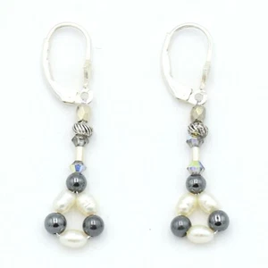 Sterling Silver Gray White Freshwater Pearls Dangle Long Drop Earrings - Picture 1 of 4