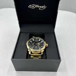 Ed Hardy Mens Metal Black/Gold Singles Chronograph Watch New With Box - Picture 1 of 7