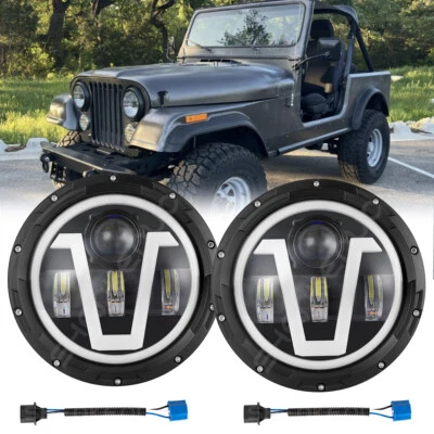 Pair 7" Inch Round LED Headlights Halo Angle Eyes For Jeep CJ7 1976-1987 - Image 1 of 4