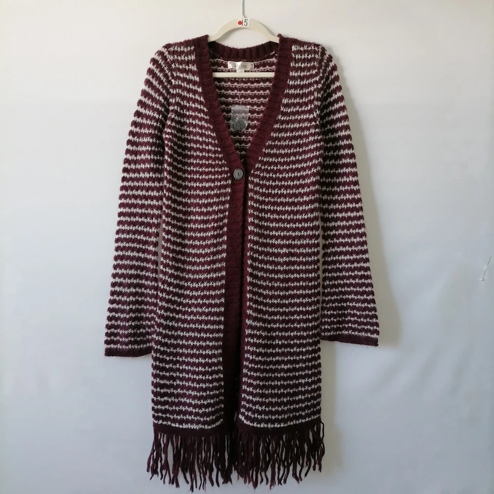 Cárdigan suéter a rayas con flecos de manga larga rojo granate Decree para mujer talla L Foto 1 de 4