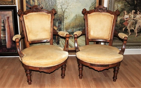 Pair of Antique Victorian Eastlake Carved Walnut Upholstered Round Arm Chairs Cover