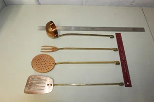 Vintage Copper & Brass Kitchen Utensil Set 4 Pieces Long Handled - Picture 1 of 8