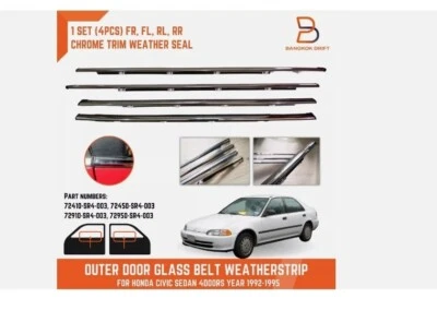 Honda Civic Sedan 92-95 Chrome Outer Door Belt 4pc Weatherstrip Window Seal - Image 1 of 3