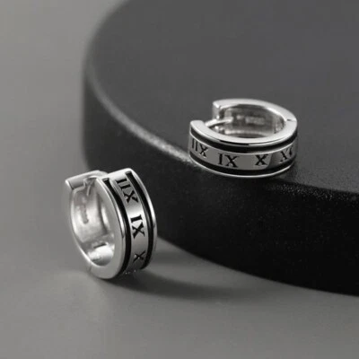 10K White Gold With Black Enamel Roman Numerals Hoop Earrings For Men's - Image 1 of 4