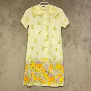 Vintage House Robe Damen gelb Blumenmuster Knopfleiste Spitze kurzärmelig USA - Bild 1 von 12