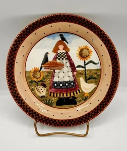 WILLIRAYE STUDIO 1999 Folk Art Style Plate Girl Crows Rooster Sunflowers Pie 8in - Picture 1 of 6