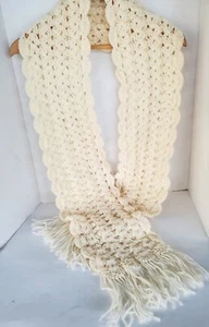 BRANIGAN WEAVERS WOOL SCARF Cream Colored Scalloped Edges Fringe Ends - Picture 1 of 17