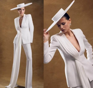White Suits for Women with Ribbon Ladies Evening Stylish Prom Party Outfits - Picture 1 of 8
