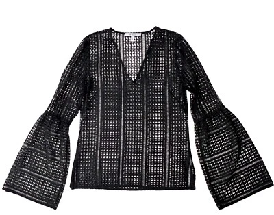 Derek Lam IO Crosby Top Encaje Campana Tejido Abierto Manga Negro Boho Talla 2 Cuello en V Foto 1 de 4