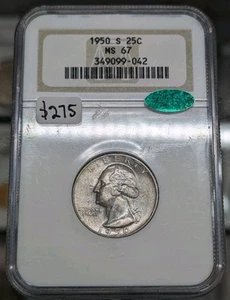 1950-S Washington Quarter. NGC MS67 CAC Green Sticker. Premium Example! - Picture 1 of 3