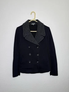 James Perse Double Breasted Cotton Pea Coat Jacket Size 2 USA Wool Blend Black - Picture 1 of 17