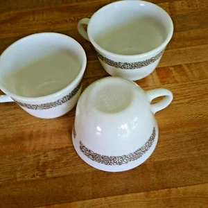 3 Woodland Brown Flat Cups Milk Glass Pyrex Corning Brown Floral - Picture 1 of 3