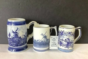 Lot of 3 Vintage DELFT BLUE Holland Heineken Hand-Painted Beer Steins Mugs - Picture 1 of 9