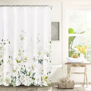 Blomming Bright White Cream Floral Shower Curtain Watercolor Green Leaves Pla... - Picture 1 of 7