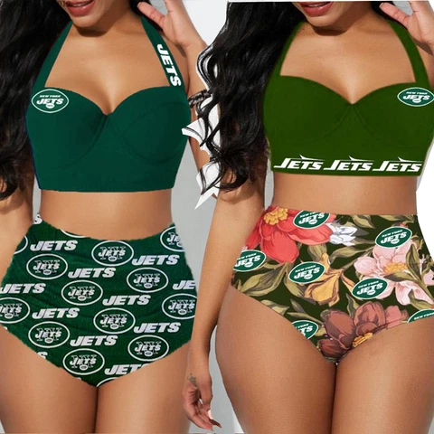 New York Jets Women 2PCS Beach Swimsuit High Waist Bikini Set Push Up Swimwear Cover