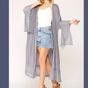New Gigio Small Gray Open Embroidered Duster Jacket Lace Dolman Sleeves Boho - Picture 1 of 6