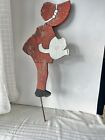 Vtg Primitive Wood Girl With Watering Can Lawn Ornament Folk Art Yard Garden Red
