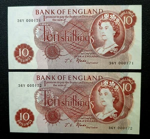 Great Britain GB UK - "10/- ~ TEN SHILLINGS" 2 Consec EF Banknotes, J. S. Fforde - Picture 1 of 21