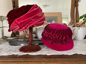 Two Fushia Pink Velvet Rose Saphire Cloche Hats - Picture 1 of 24