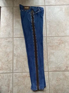 Vintage Lawman Jeans Slim Fit Suede Leather Studs Size 7 32” Inseam No Pockets - Picture 1 of 12