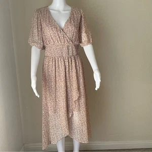 SO Faux Wrap Smocked Waist Balloon Elastic Sleeves Ditzy Floral Pink Dress L - Picture 1 of 9