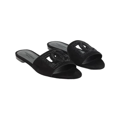 DOLCE&GABBANA Bianca Black Suede Crystals Slide Sandals New - Image 1 of 3
