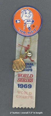 1969 NY Mets World Series Souvenir  Button with Ribbon and Ball & Glove Charms - Image 1 of 3