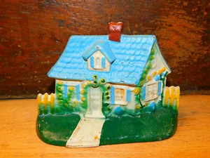 Antique Cast Iron DOORSTOP Country Cottage House Blue Yellow Fence HUBLEY - Picture 1 of 5