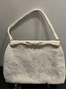 Antique Hand Beaded Purse France Caprice Opera White Floral Handbag Kiss Lock - Picture 1 of 23