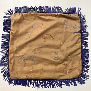 Suede 18" Fringe Pillow Cover Animal Cave Drawings - Picture 1 of 12
