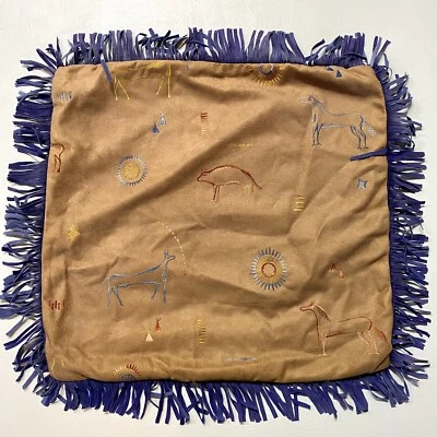 Suede 18" Fringe Pillow Cover Animal Cave Drawings - Image 1 of 4