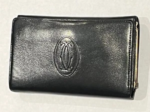 CARTIER WALLET VINTAGE CC LOGO LEATHER LONG EMBLEM FRANCE BLACK FOLD - Picture 1 of 12