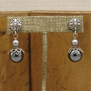 Sterling Silver and Hematite Dangle Post Earrings + - Picture 1 of 4