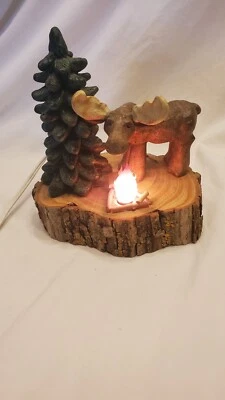 Moose With Tree Vintage Lighted Rustic Lodge Cabin Campfire Live Edge Wood Base - Image 1 of 4