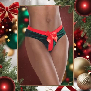 Green Velvet Present Panty Womens One Size OS Crotchless with Red Bow Underwear - Picture 1 of 5