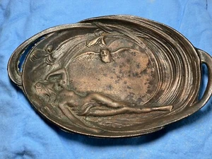Antique Art Nouveau Nude Woman Owl Moon Tray - Picture 1 of 4
