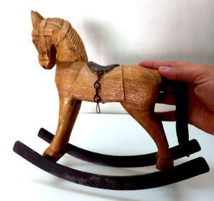 Horse Rocking Statue Wooden Oak Antique Handcrafted Carved Figurine Vintage Iron